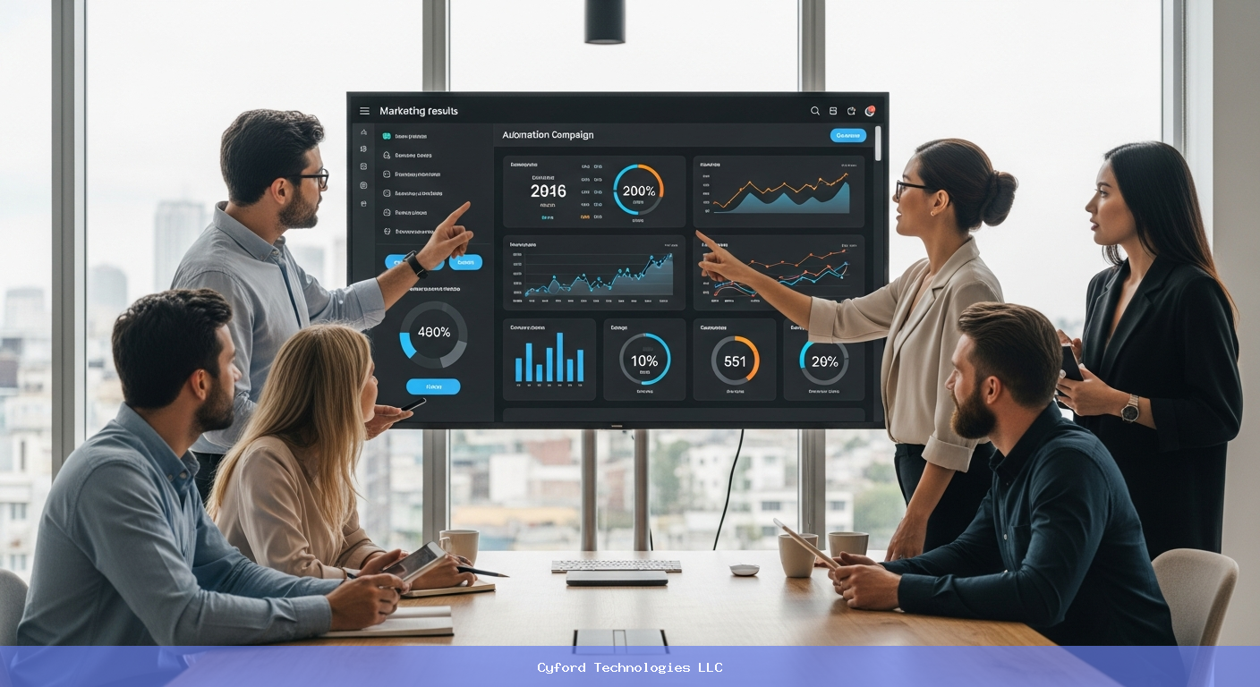 Marketing team analyzing marketing automation campaign results on a large screen